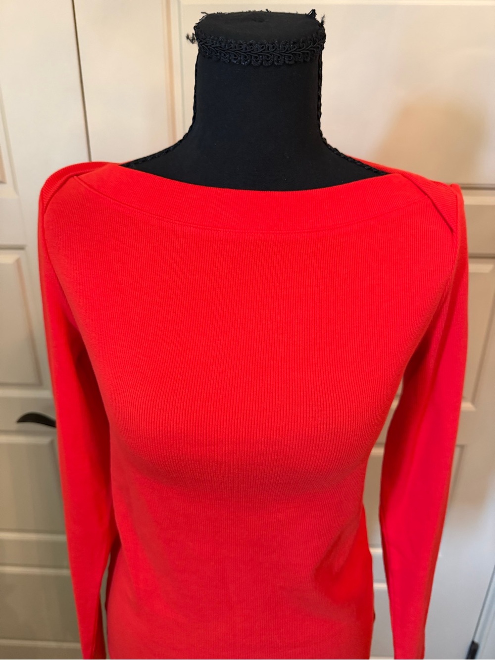 LOFT Bright Red Boatneck Ribbed Long-Sleeve Top